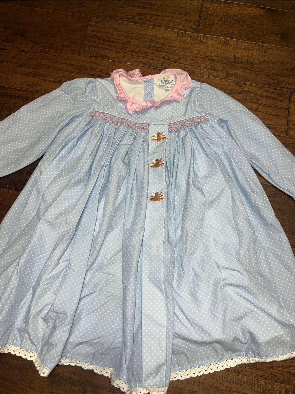 Light Blue Polka Dot Girls' Nightgown with Pink Ruffle Collar